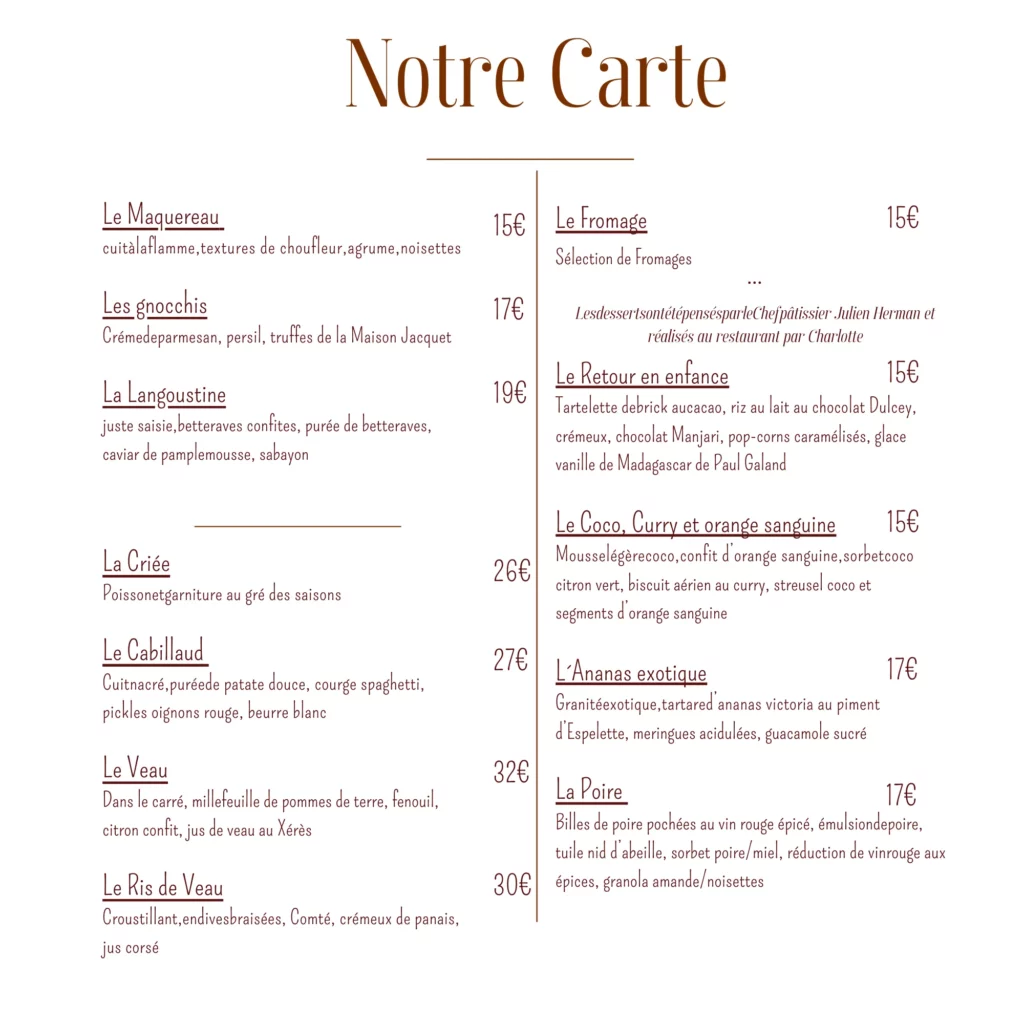 Carte complète du restaurant La Table de Luc au Mans centre